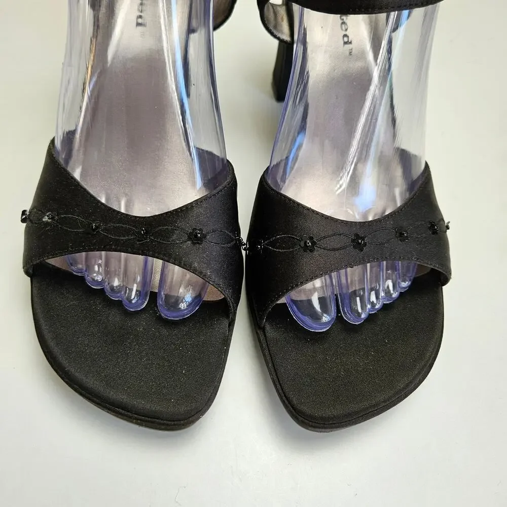 Y2K Unlisted Wedge Heels Women's 10 Black Satin Sequin Ankle Strap‎ Sandals